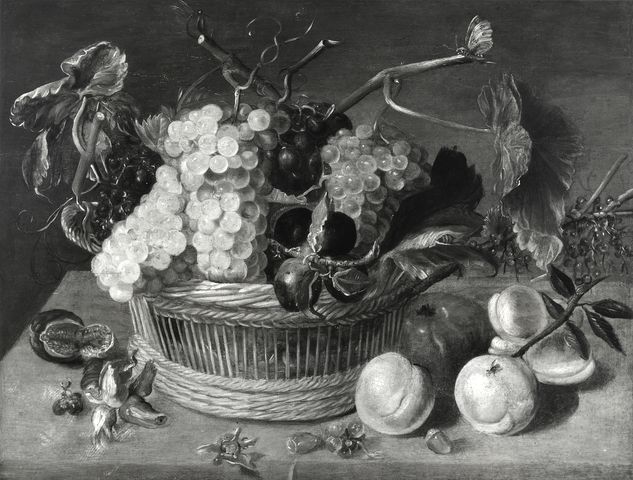 Anonimo — Soreau Isaac (attr.) - sec. XVII - Natura morta con cesto d'uva e prugne, pesche e nocciole — insieme